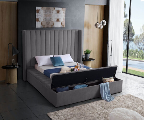 IF-5720 (GREY)  - Velvet Fabric Bed with channel tufting and 3 Storage Benches