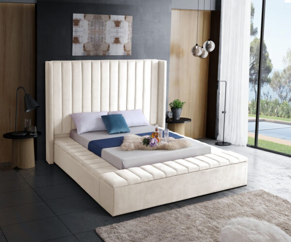 IF-5720 (GREY)  - Velvet Fabric Bed with channel tufting and 3 Storage Benches