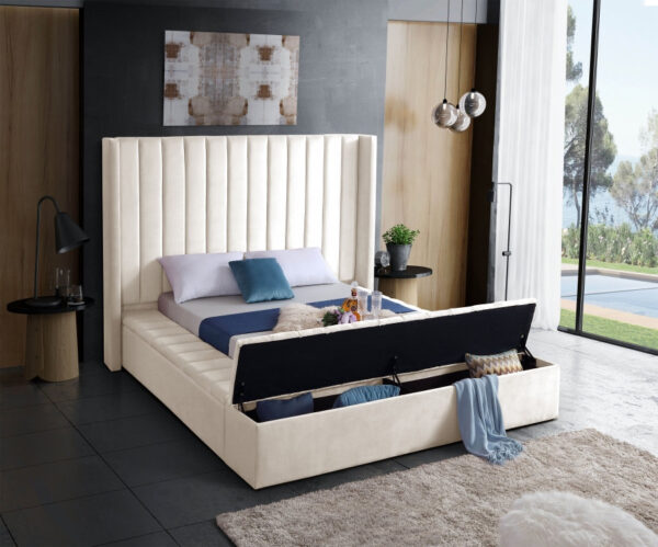 IF-5720 (GREY)  - Velvet Fabric Bed with channel tufting and 3 Storage Benches